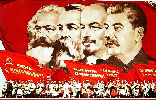 Soviet poster with the portraits of Marx, Engels, Lenin and Stalin