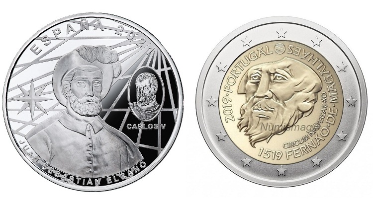 Spanish ten-euro coin of 2021 and Portuguese two-euro coin of 2019.