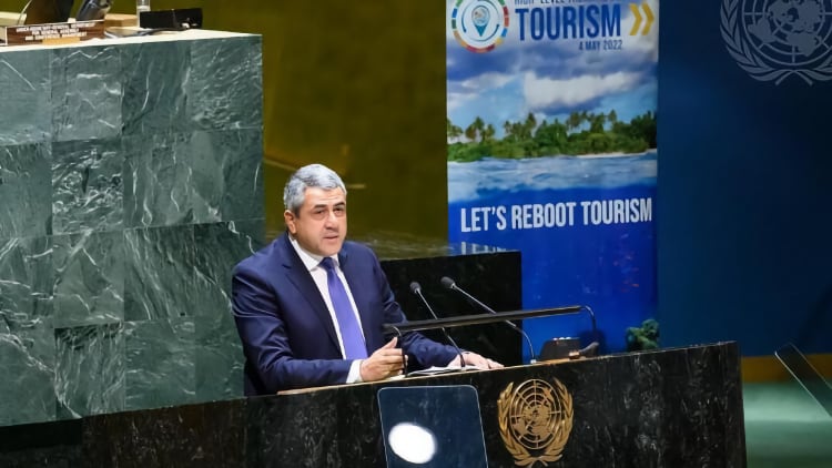 El secretario general de la OMT, Zurab Pololikashvili, durante su intervención./ Foto: OMT