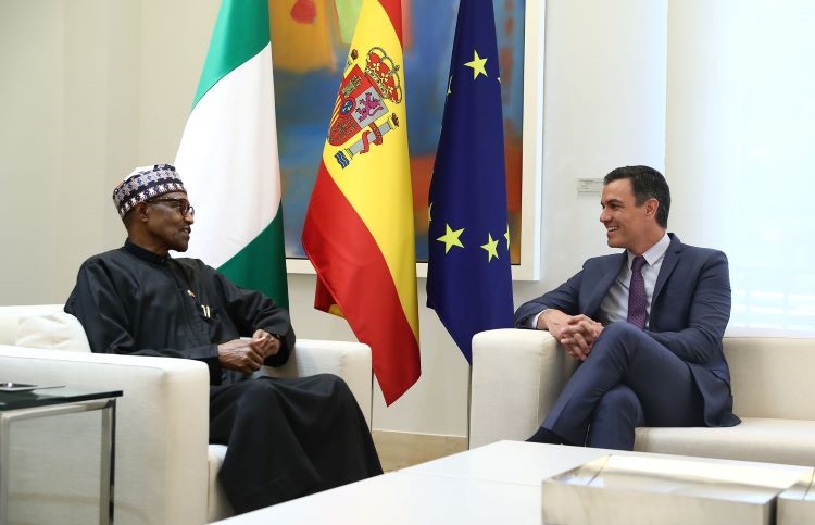 Pedro Sánchez durante la reunión con Muhammadu Buhari. / Foto: Pool Moncloa/Fernando Calvo