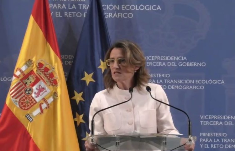 Teresa Ribera during the press conference. / Photo: @mitecogob