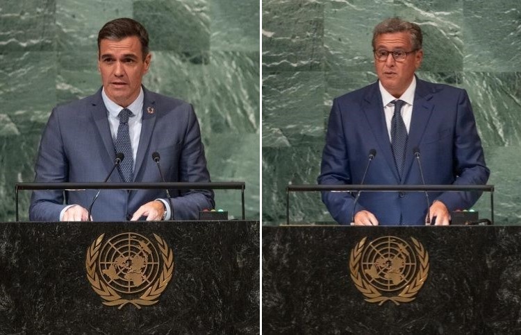 Pedro Sánchez y Aziz Akhannouch durante sus intervenciones. / Fotos: UN